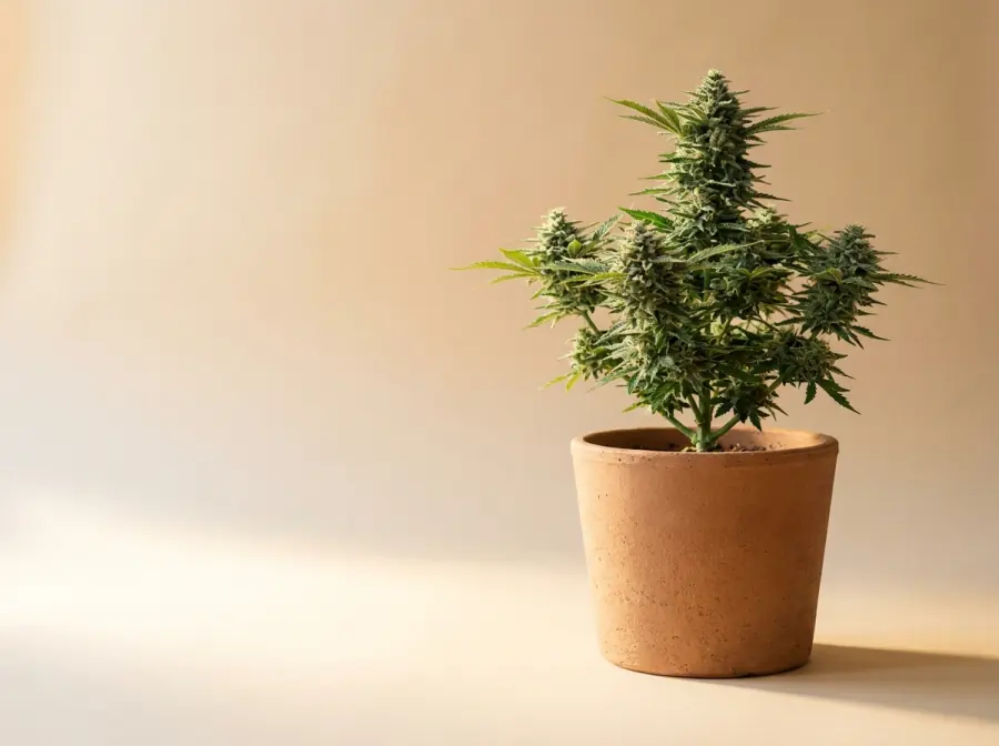 Compact autoflower cannabis plant in flower in a terracotta pot