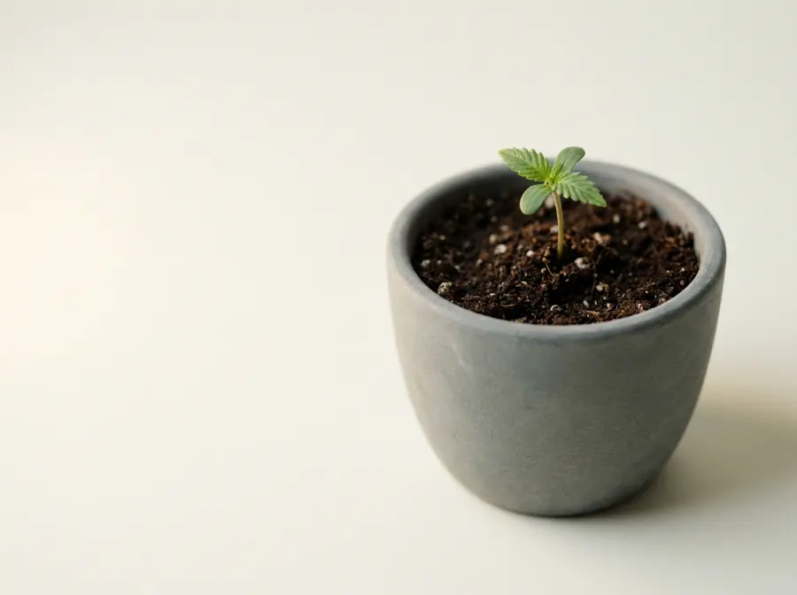 Young cannabis seedling growing in a small stone pot