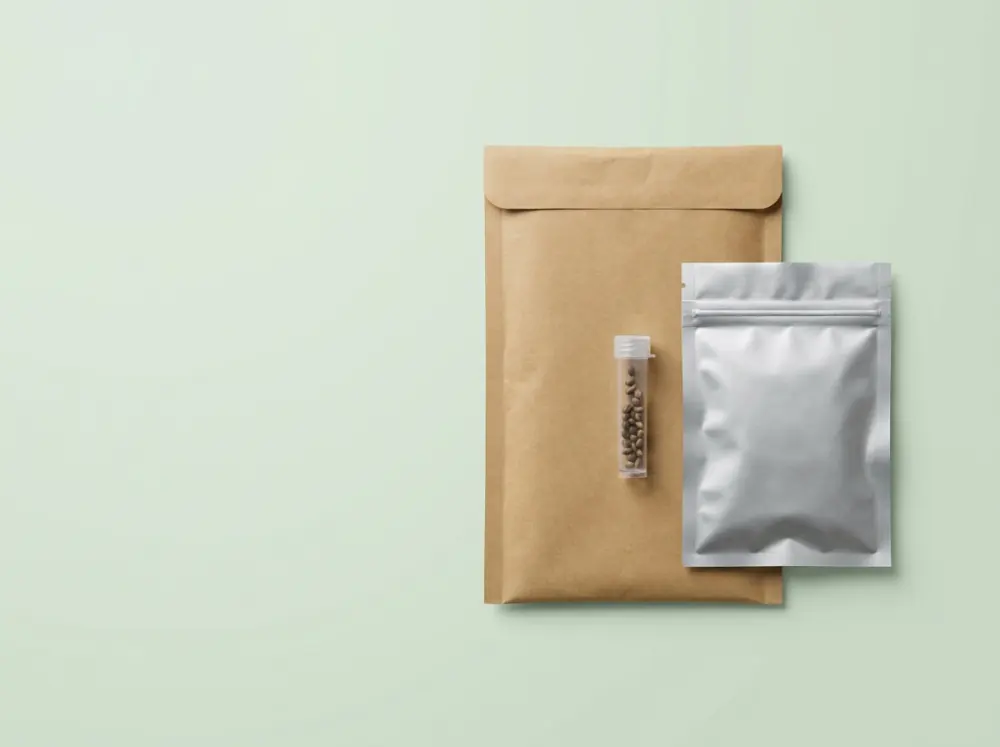 Plain unbranded kraft mailer, crush-proof seed vial and unprinted foil pouch used for discreet shipping