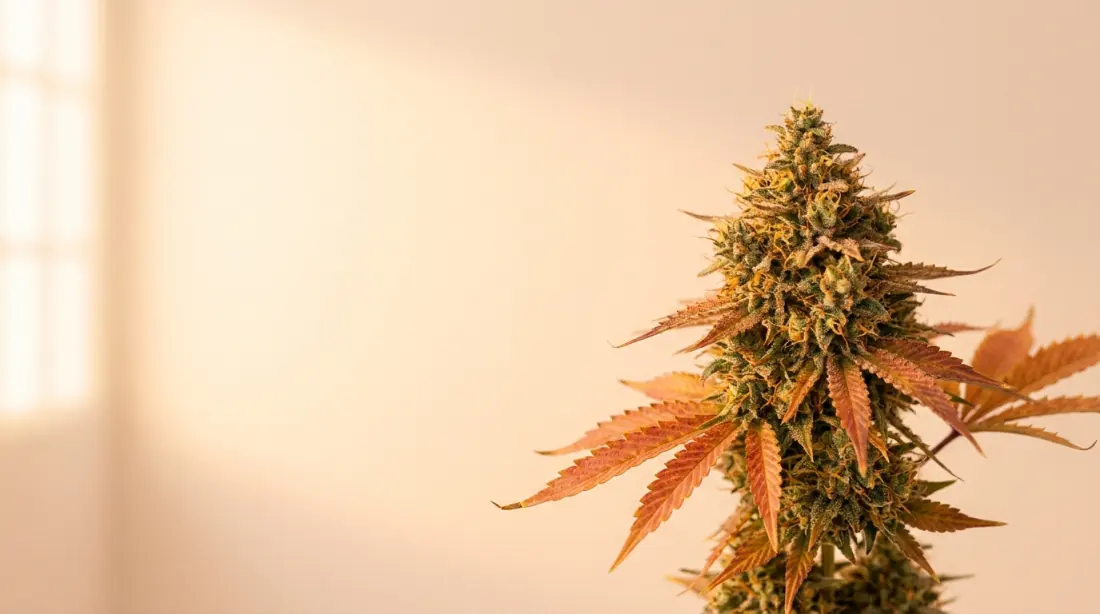 Ripe cannabis cola glowing in warm golden-hour light
