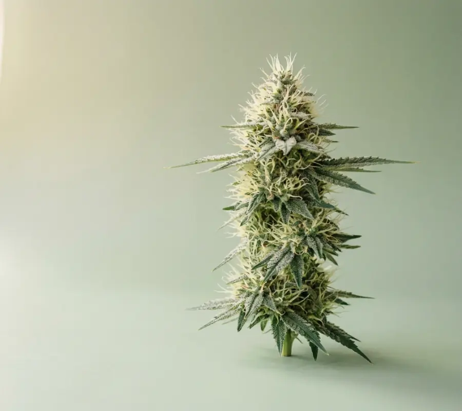 Frosty feminized cannabis cola with white pistils on a sage green studio backdrop