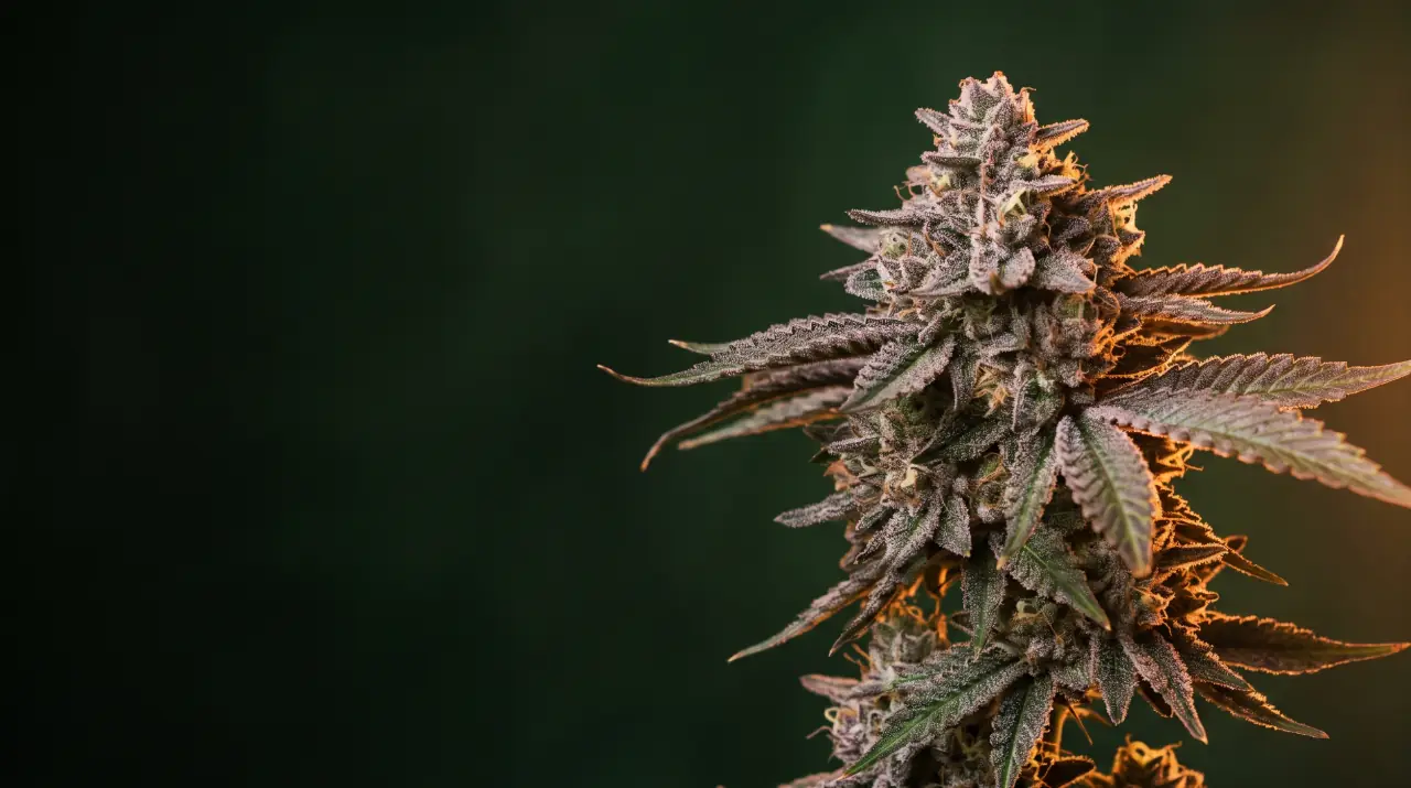Frosty cannabis cola with purple and green tones lit by warm amber light on a deep green background