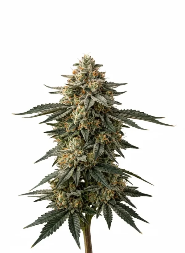 Wedding Cake feminized cannabis plant with dense, frosty buds on a compact frame